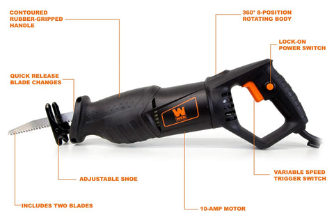 Powerful 10 Amp Variable Speed Reciprocating Saw With 8 Position Pivoting Head And Twist Lock Blade Holder, side view