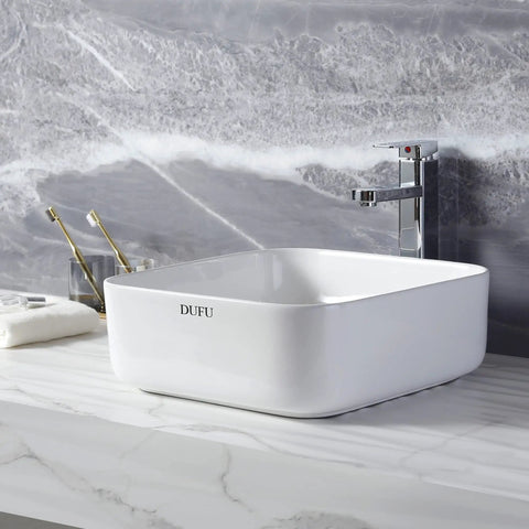 Square Ceramic Vessel Sink For Bathroom 15 By 15 Inch Above Counter White Vanity Basin With Pop Up Drain, Dope Modern European Style
