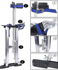 Detail view of Pro Grade Aluminum Drywall Stilts 15 to 23 inch adjustable lifts showcasing straps, springs, and footrests