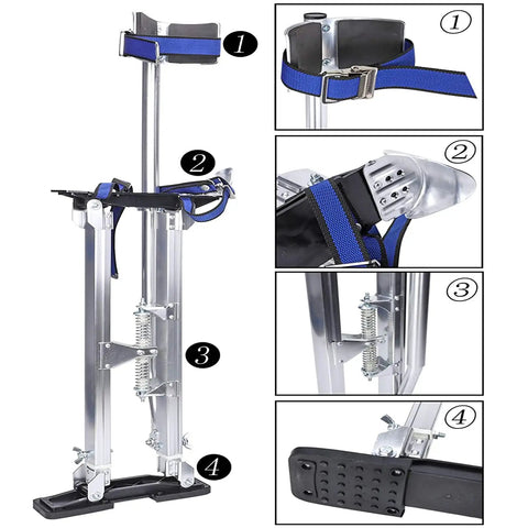 Detail view of Pro Grade Aluminum Drywall Stilts 15 to 23 inch adjustable lifts showcasing straps, springs, and footrests