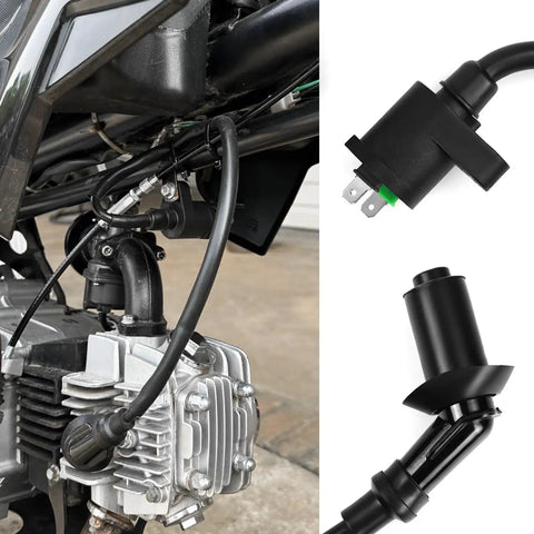 Race Ready Ignition Coil With Two Spark Plug Wires Replacement Kit for 50cc 80cc 90cc 125cc and 150cc engines installed in scooter