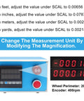 Heavy Duty Digital Length Meter Counter With Tracking Wheels No Sweat Setup Measures Feet Inches Meters Yards showing adjustment settings.