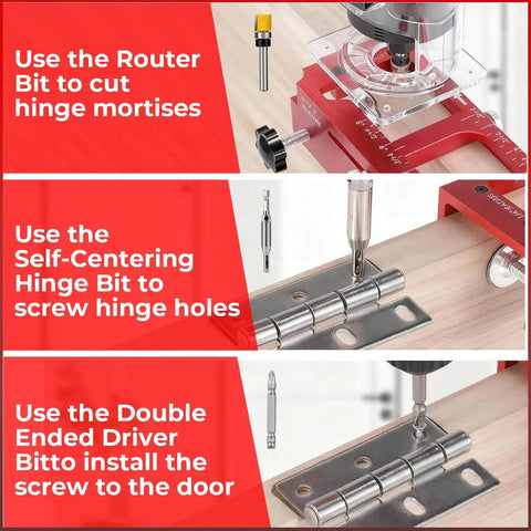 Pro Grade Aluminum Door Hinge Template Kit For Routers, Heavy Duty Hinge Jig With Precise Mortise Template setup steps shown