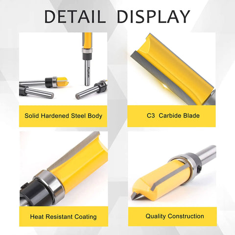 Pattern Flush Trim Router Bit Set With Quarter Inch Shank And Half Inch Cutting Diameter, showing solid steel body and carbide blade.