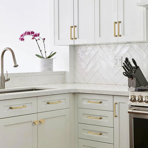 10 Pack Brushed Brass Cabinet Pulls And Heavy Duty Zinc Alloy Drawer Handles With Top Notch Vintage Gold Finish For Your Kitchen Cupboard And Dresser That Offer Dead Easy Install And Serious Style on white kitchen cabinets.