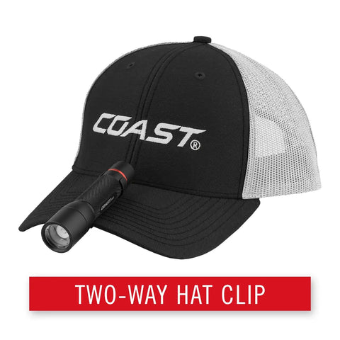HX5 410 Lumen LED Flashlight With Pure Beam Focusing And Slide Focus attached to black cap with two-way clip