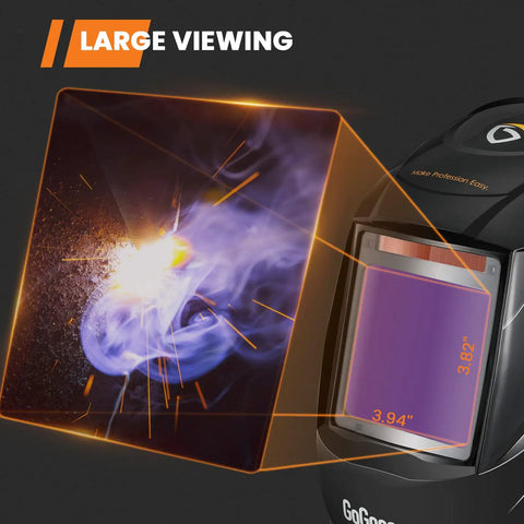 Auto Darkening Welding Helmet With Large 3.94 By 3.82 Inch Viewing Screen, showing clear weld sparks.