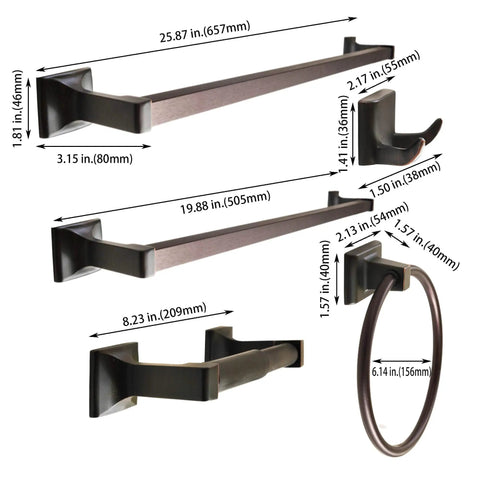 Built Tough Oil Rubbed Bronze Bathroom Hardware Set Wall Mounted Five Piece Kit with dimensions for each piece shown