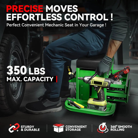 Rolling Mechanic Seat With 3 Drawers And Tool Tray 350 Lbs Capacity Green Heavy Duty Metal Frame Padded Cushion For Home Garage Auto Shop On Wheels With Locking Casters And Durable Steel Construction For Long Lasting Use shown with tools in garage