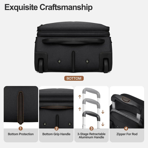 16 Inch Underseat Carry On Luggage With Wheels Softside Lightweight And Compact Travel Bag For Pilots And Crew, bottom view.