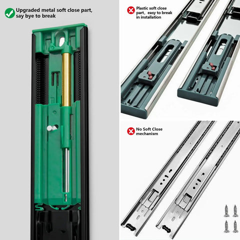 Installation comparison of Soft Close Drawer Slides 22 Inch Black Side Mount Heavy Duty Tough As Nails Cabinet Rails with Ball Bearing