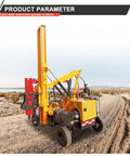 Beefed Up Guardrail Post Driver And Hydraulic Pile Driving Machine on a dirt road with yellow hydraulic frame, durable construction