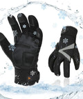 Cold Weather Work Gloves With 3M Thinsulate C100 Lined For Ultra Warmth And High Dexterity Touchscreen Waterproof Insert Synthetic Leather Size L Black Worksite Ready For Construction Warehousing Landscaping And DIY Projects with snowflakes and water effect.