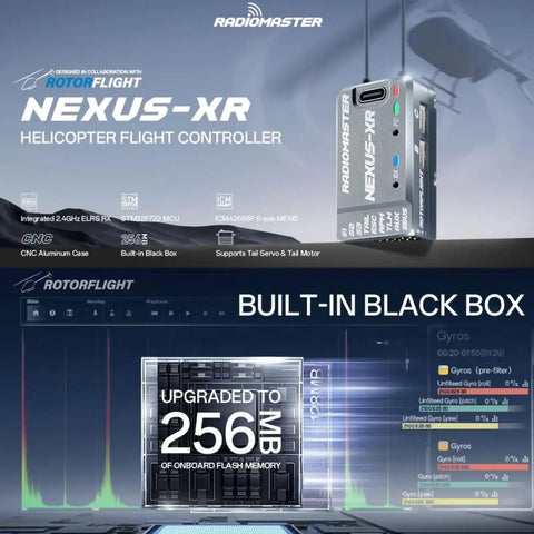 Nexus XR Helicopter Flight Controller with Integrated 2.4G ELRS Receiver, featuring dual SX1281 transceivers and black box memory.
