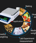 High Precision Digital Lab Scale 5000G X 0.01G Analytical Balance for various uses including lab, baking, jewelry, and medicine.