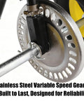 Close-up of stainless steel gears on walk behind broadcast spreader with 100 pound hopper and 0 to 9.8 feet spreading width