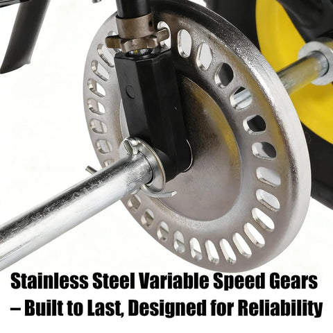 Close-up of stainless steel gears on walk behind broadcast spreader with 100 pound hopper and 0 to 9.8 feet spreading width