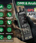 Gloved hand holding Rad Long Range Ham Radio Handheld DM32 DMR Walkie Talkie With 2500mAh And 3800mAh Battery GPS APRS