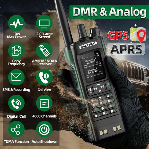 Gloved hand holding Rad Long Range Ham Radio Handheld DM32 DMR Walkie Talkie With 2500mAh And 3800mAh Battery GPS APRS