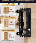 Door Hinge Jig Tool For Router Adjustable Aluminum Mortise Jig installed showing compatibility with various hinge sizes.