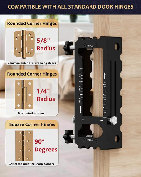 Door Hinge Jig Tool For Router Adjustable Aluminum Mortise Jig installed showing compatibility with various hinge sizes.