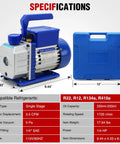Straight Up Heavy Duty 3.5 CFM 1/4 HP 110V Single Stage AC Vacuum Pump And Gauge Set Kit with rugged copper motor and blue carry case.