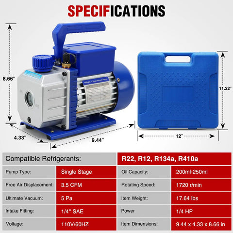Straight Up Heavy Duty 3.5 CFM 1/4 HP 110V Single Stage AC Vacuum Pump And Gauge Set Kit with rugged copper motor and blue carry case.