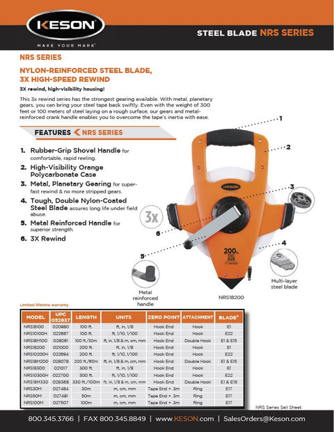 NRS18M330 Nylon Reinforced Tape Measure With Beast Speed Rewind And Double Hook 100M 330FT Imperial And Metric Readings