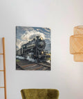 Steam Locomotive Train Poster Canvas Wall Art For Living Room And Bedroom, Cotton And Linen Hanging Picture displayed on wall.