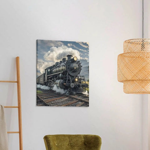 Steam Locomotive Train Poster Canvas Wall Art For Living Room And Bedroom, Cotton And Linen Hanging Picture displayed on wall.