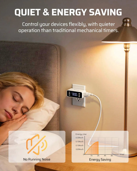 Quiet and energy-saving 7 Day Programmable Heavy Duty Digital Timer With Dual Plugs and Two Pack, displayed beside a sleeping person.