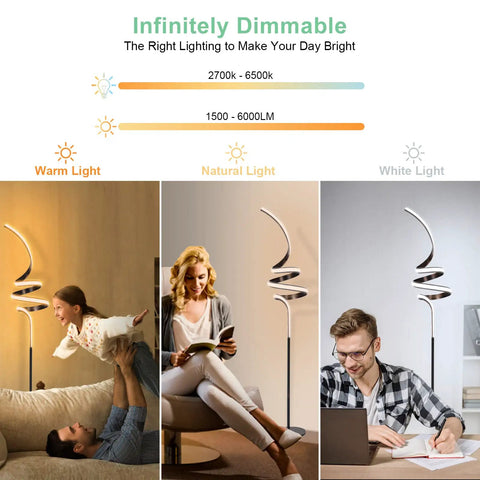 Infinitely dimmable tall LED floor lamp with remote and foot switch, 58 inch standing light delivers room filling glow, 2700K to 6500K, 6000 lumens
