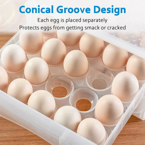 Fridge Egg Storage Organizer With 60 Grid Slots Space Saving Egg Holder showcasing conical groove design and egg placement.