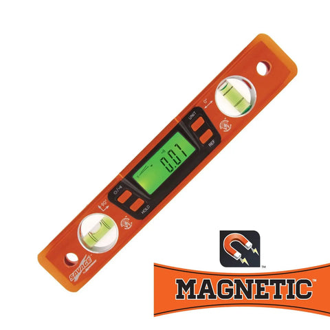 Savage Digital Magnetic Torpedo Level, 9 Inch Aluminum Billet, Orange with LCD screen and vials, showing measurement reading