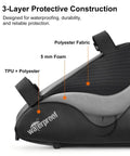 3-layer construction of triangle frame bag in Bike Tire Repair Kit for flat tires with portable pump 120 PSI, highlighting material