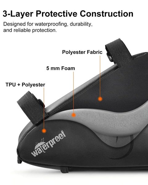 3-layer construction of triangle frame bag in Bike Tire Repair Kit for flat tires with portable pump 120 PSI, highlighting material