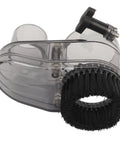 Transparent ABS Dust Shoe for CNC Router Milling with clear dust collector cover, 38mm hose, 52mm spindle compatibility, nylon brush.