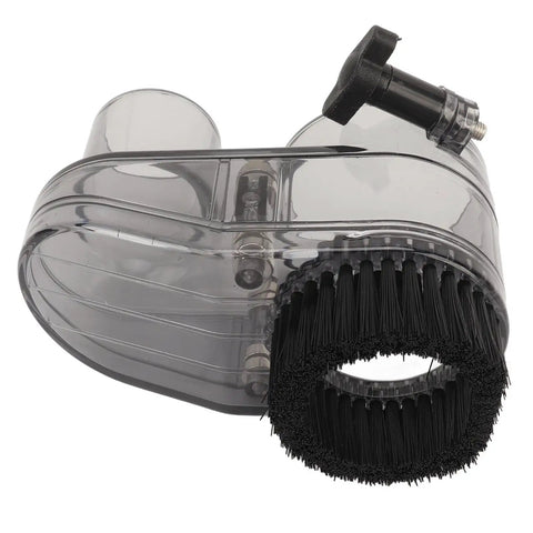 Transparent ABS Dust Shoe for CNC Router Milling with clear dust collector cover, 38mm hose, 52mm spindle compatibility, nylon brush.