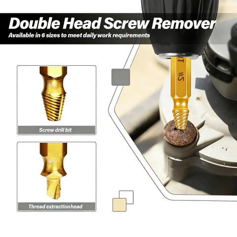 Damaged Screw Extractor Set Pack Of 6 With Gold Titanium Coated HSS 4341 Drill Bit showing double head design
