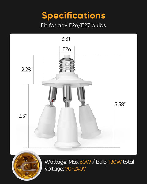 Three In One E26 Light Socket Splitter Adapter For Standard LED Bulbs, Fully Adjustable 360 Degrees And 180 Degree Bend, Supports Up To 180W Per Socket, 90 To 240V, Perfect For Incandescent And CFL Bulbs