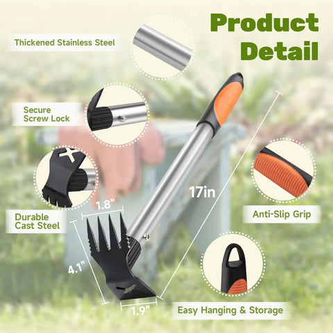 Two Pack 2 In One Weed Puller Tool Set 17 Inch detail view with stainless handle, anti-slip grip, and cast steel head.