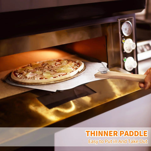 12 x 14 inch aluminum pizza peel with wooden turning handle used to slide pizza into oven