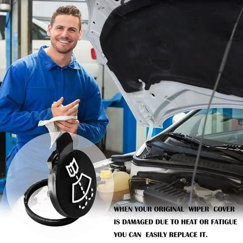 Mechanic holding cloth beside GM car with hood open. Foreground of Premium Windshield Washer Fluid Reservoir Cap Replacement For GM Cars Easy Fit For Camaro Silverado Cruze Malibu Regal Sonic And More 2010 2016 Models Leakproof Durable Cap With Secure Seal.