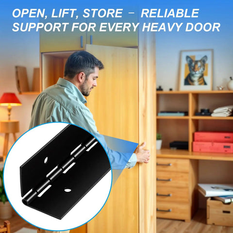 Four Pack 30 Inch Heavy Duty Piano Hinge Tough As Nails Continuous Hinges In Matte Black 304 Stainless Steel shown on a cabinet door.