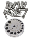 Disc Cutter Set For Jewelry Making And Metal Forming With 17 Dies Pro Grade Steel Punch Tool shown with dies and base