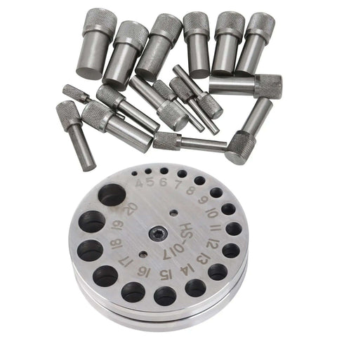 Disc Cutter Set For Jewelry Making And Metal Forming With 17 Dies Pro Grade Steel Punch Tool shown with dies and base