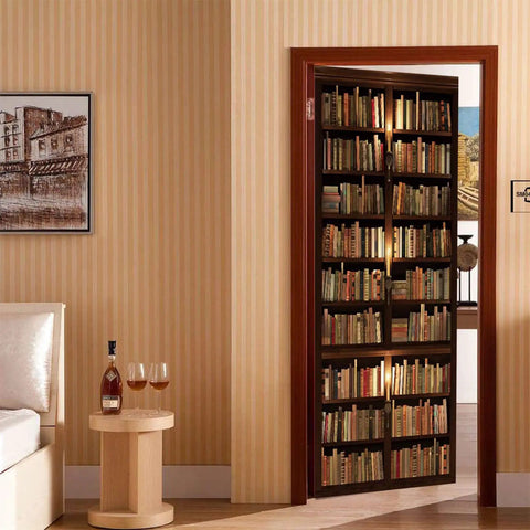 Peel And Stick Vinyl Door Decals Set Of 2 Sheets For Full Door Coverage, bookshelf design on interior door, easy install on smooth surfaces