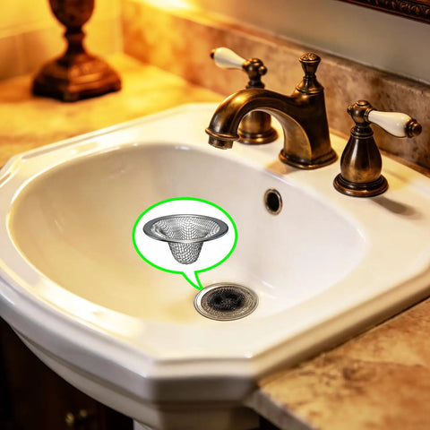 Top Shelf Heavy Duty Stainless Steel Drain Strainer With Hair Catcher For Bathroom And Utility Sink in white sink.