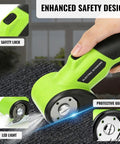 Powerhouse Cordless Electric Scissors With Rechargeable 4 Point 2V Battery And Self Sharpening Rotary Blades showing safety lock and LED light.