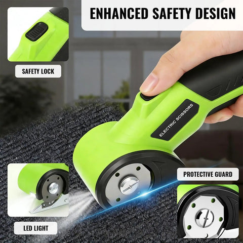 Powerhouse Cordless Electric Scissors With Rechargeable 4 Point 2V Battery And Self Sharpening Rotary Blades showing safety lock and LED light.